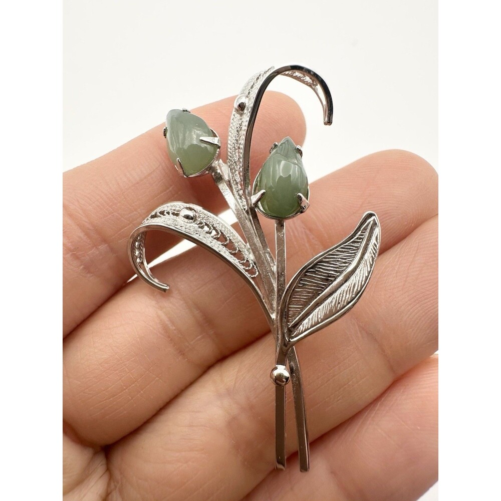 VINTAGE SORRENTO STERLING SILVER GREEN JADE ORNATE FILIGREE FLOWER BROOCH 925